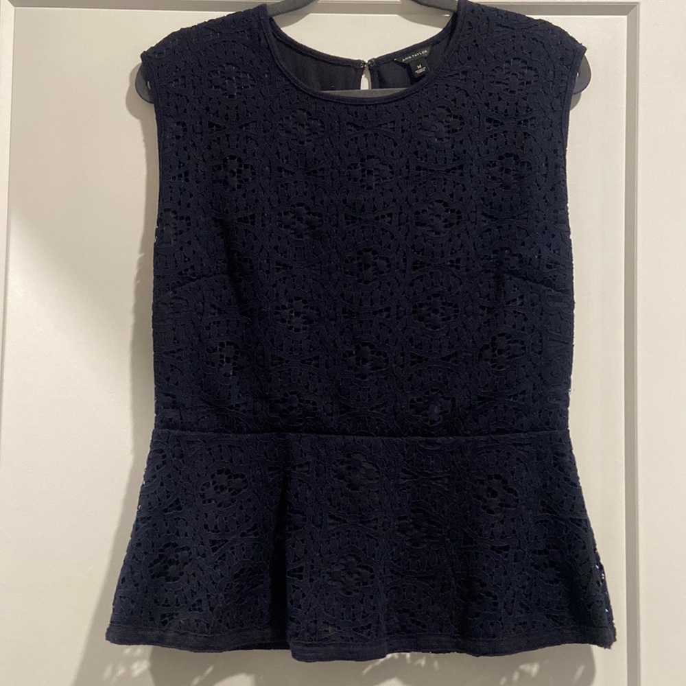 Ann Taylor Navy Blue Peplum Lace Top (M)